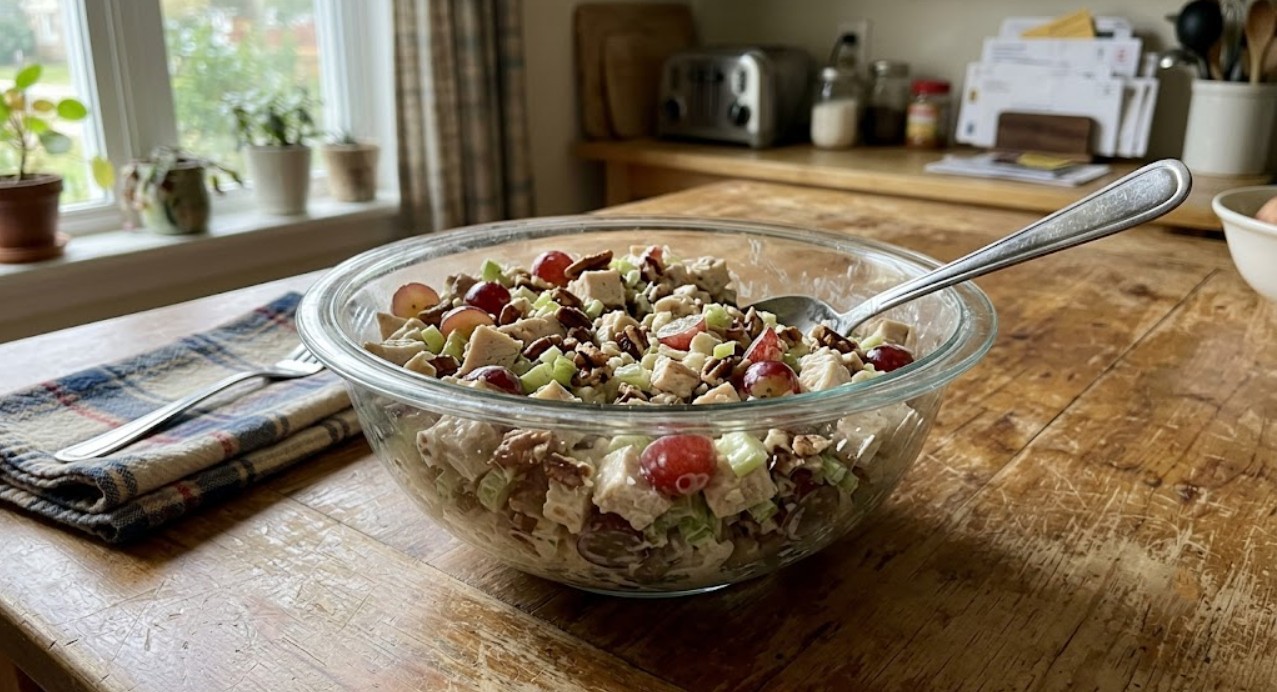 Creamy Southern chicken salad with grapes, celery and pecans in a bowl