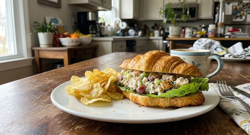 Chicken salad served on a croissant with lettuce