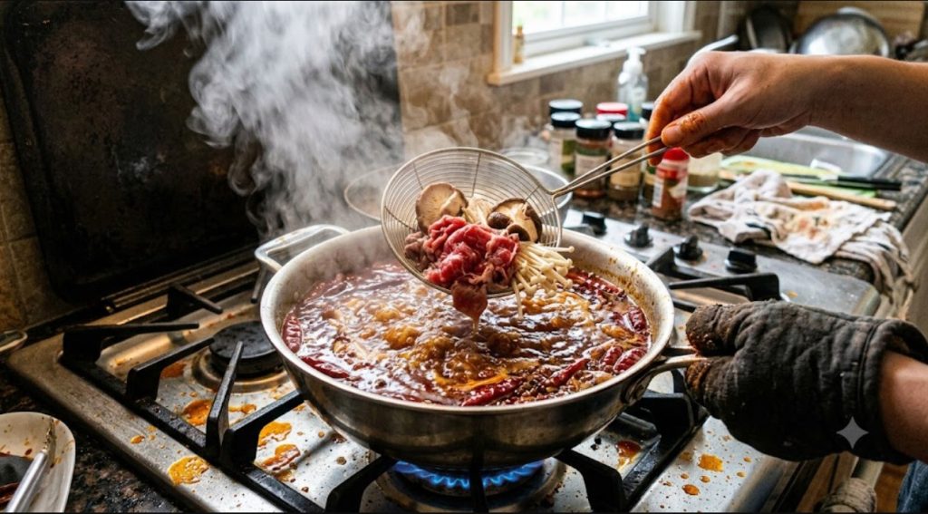 Blanching ingredients in bubbling mala broth with a spider strainer