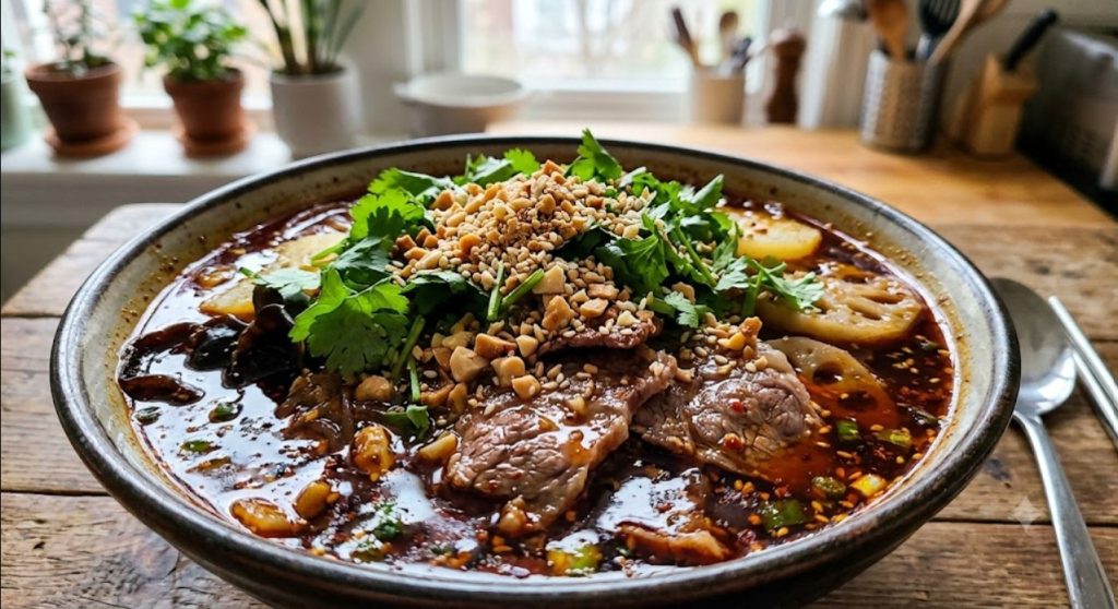 Close-up of maocai topped with cilantro, peanuts and chili oil
