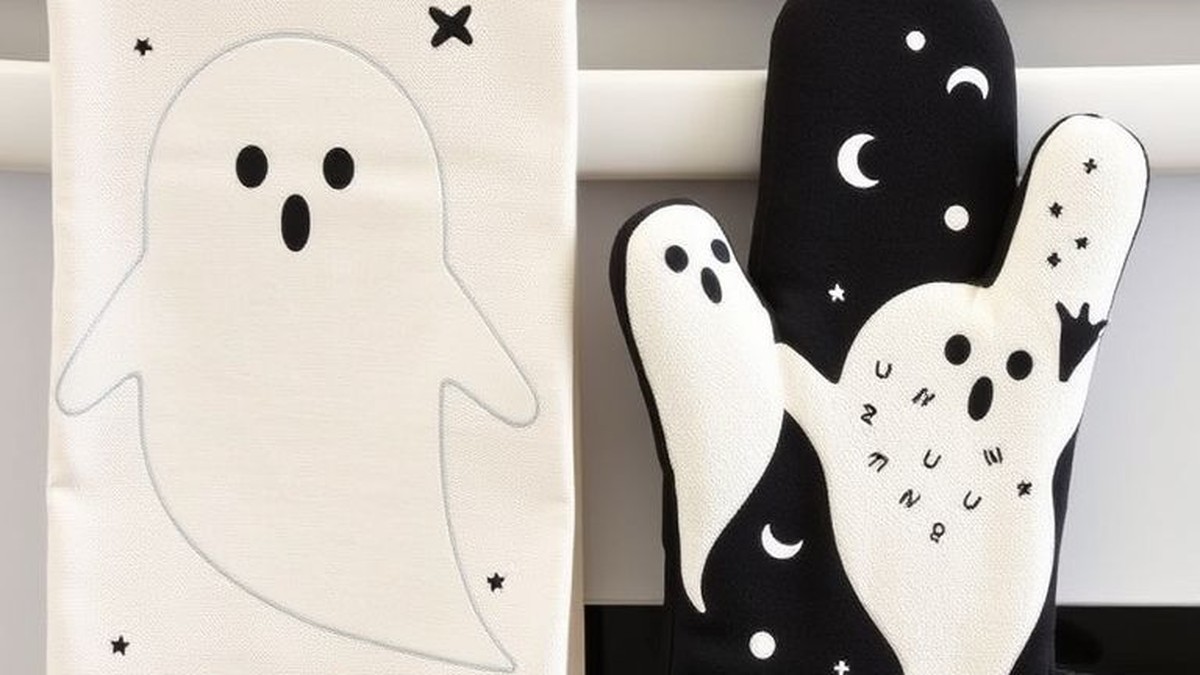 cute ghost themed kitchen dish towels and oven mitts
