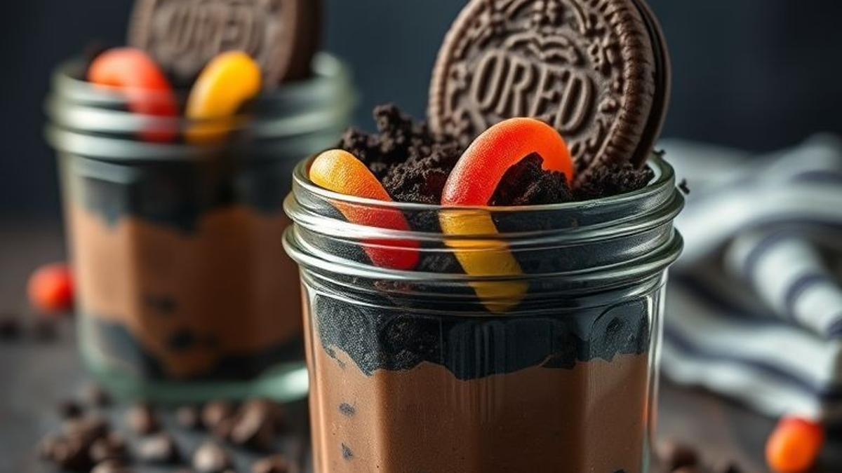 Easy Halloween dirt cups recipe with oreos and gummy worms