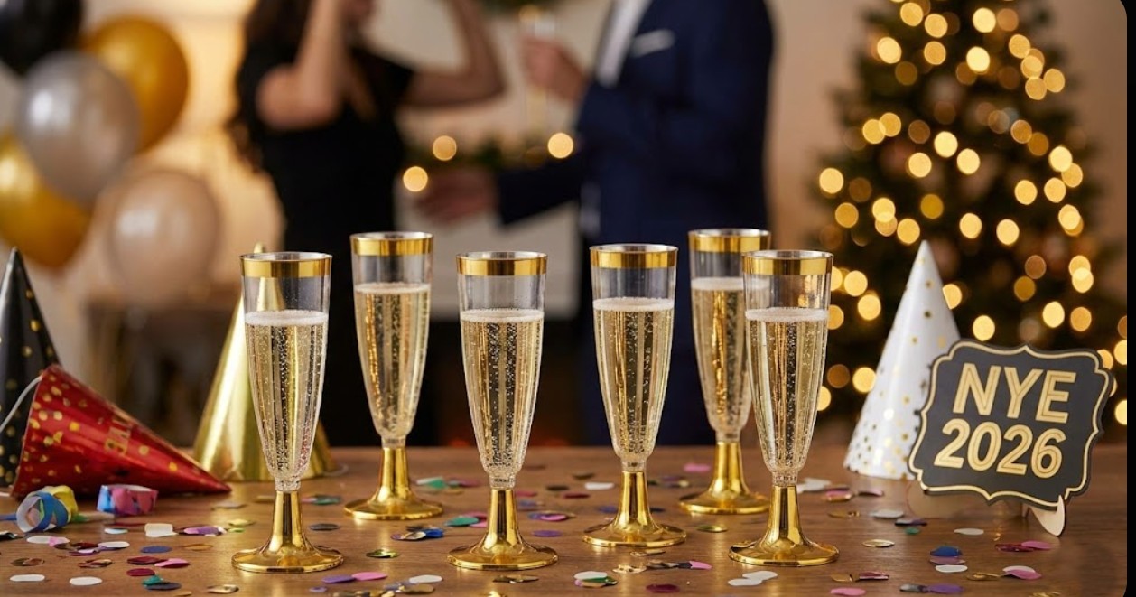 best gold rimmed plastic champagne flutes for NYE party
