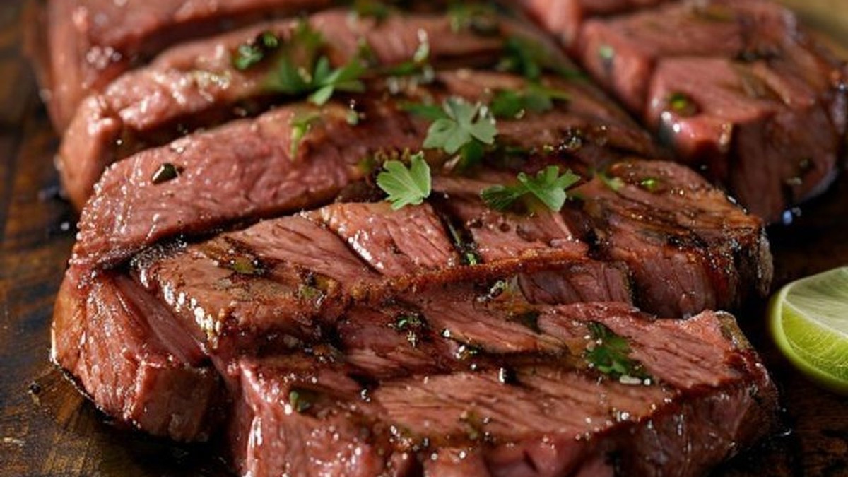 Image shows perfectly grilled and thinly sliced carne asada on a wooden cutting board, revealing a tender medium-rare interior, prominent char marks, and clear juices. This proves the successful application of high-heat grilling techniques resulting in a succulent, flavorful, and properly rested steak.