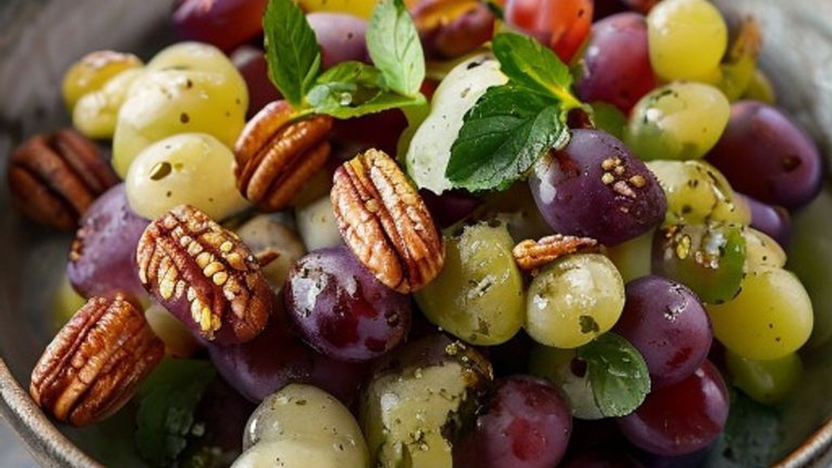 Image shows a beautifully presented grape salad in a ceramic bowl, topped with toasted pecans and mint, proving its vibrant appearance and enticing texture make it an ideal, easy-to-prepare side dish or light dessert.