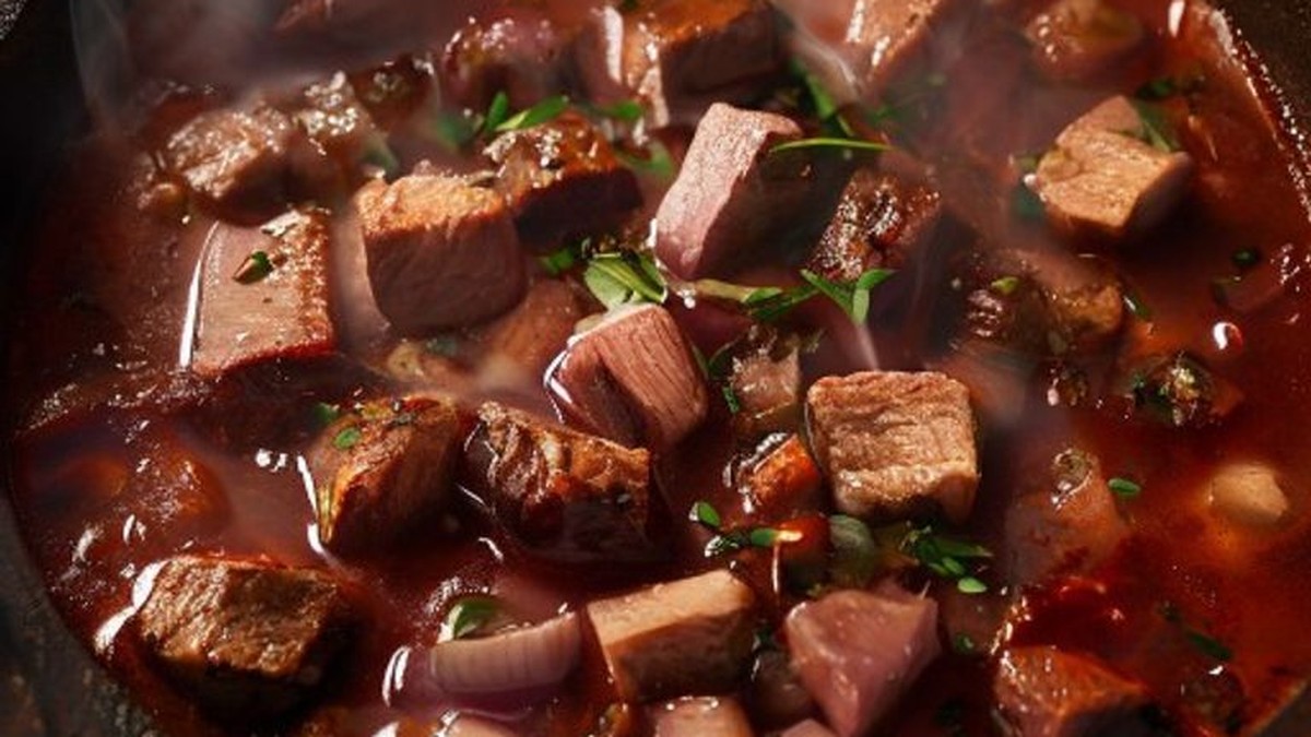 A close-up of vibrant, deep red Hungarian Goulash actively simmering in a dark cast-iron pot, showcasing tender beef pieces, diced onions, and the characteristic thick, fragrant paprika sauce. This image proves the proper consistency, rich color, and active cooking stage crucial for developing the authentic flavors of a well-prepared goulash.