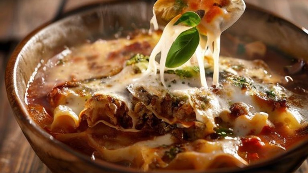 Image shows a close-up of a steaming bowl of Lasagna Soup, with a spoon lifting out a wavy noodle, ground meat, and ricotta, proving the hearty texture and rich, comforting nature of the meal.