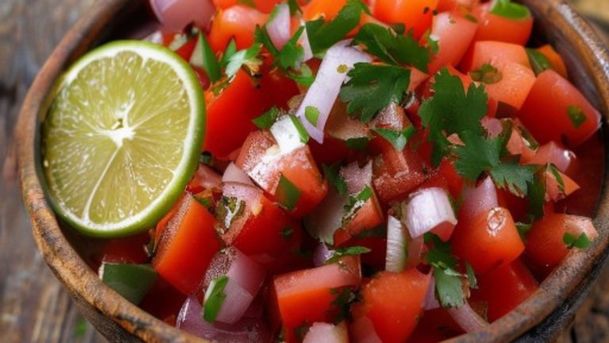 A close-up image of a bowl of freshly made Pico de Gallo, showcasing its vibrant red, white, and green colors, proving the dish's freshness and simple, healthy ingredients.