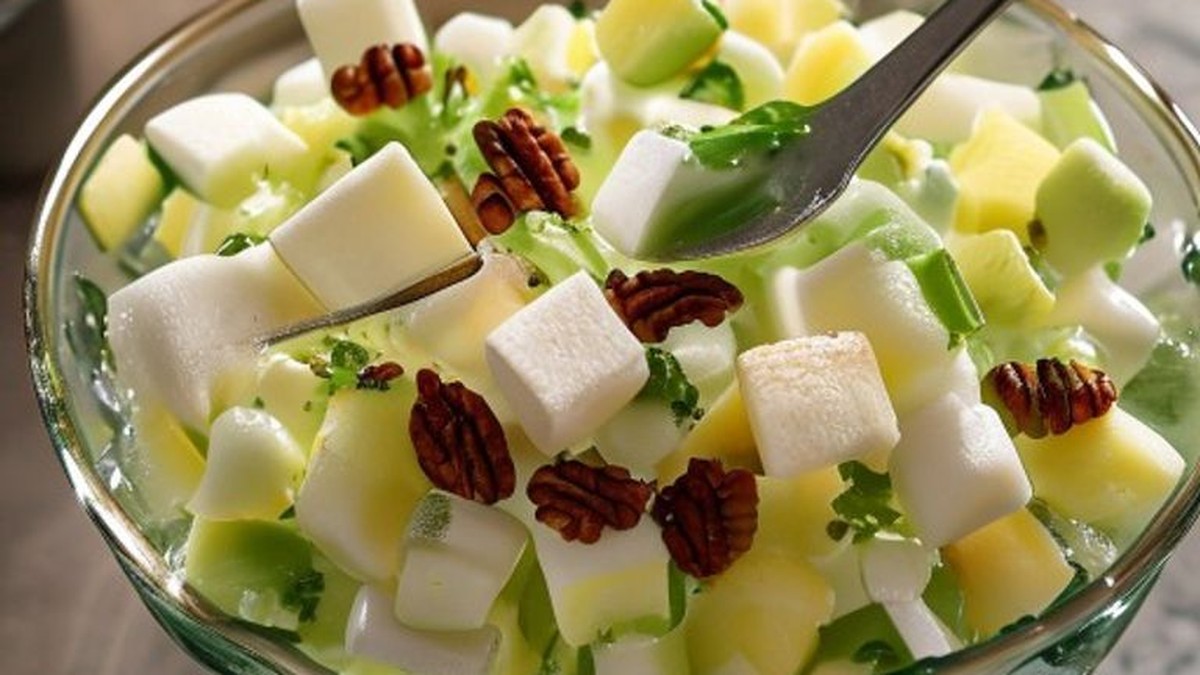 Close up of a spoonful of Watergate Salad being lifted from a glass bowl, showcasing the characteristic pale green, fluffy texture with visible mini marshmallows, pineapple pieces, and chopped pecans, which proves the salad has achieved the desired airy consistency and includes all key ingredients.