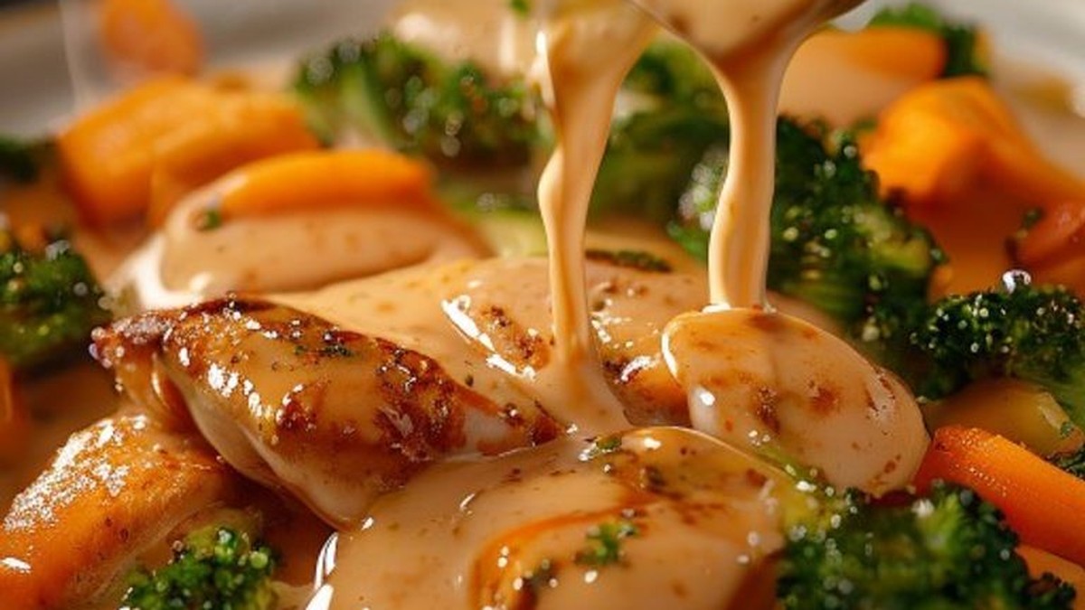 Image shows homemade Yum Yum sauce, a creamy, pale orange condiment, being drizzled from a spoon over a vibrant plate of grilled chicken and stir-fried vegetables, demonstrating its perfect pourable texture and versatility as a delicious topping for various dishes.