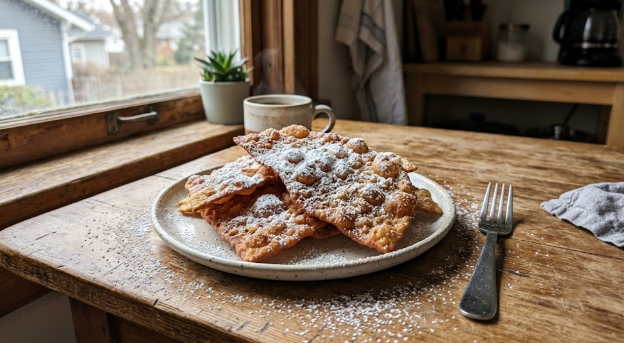 Golden Armenian beeshee fried dough dusted with sugar on a plate