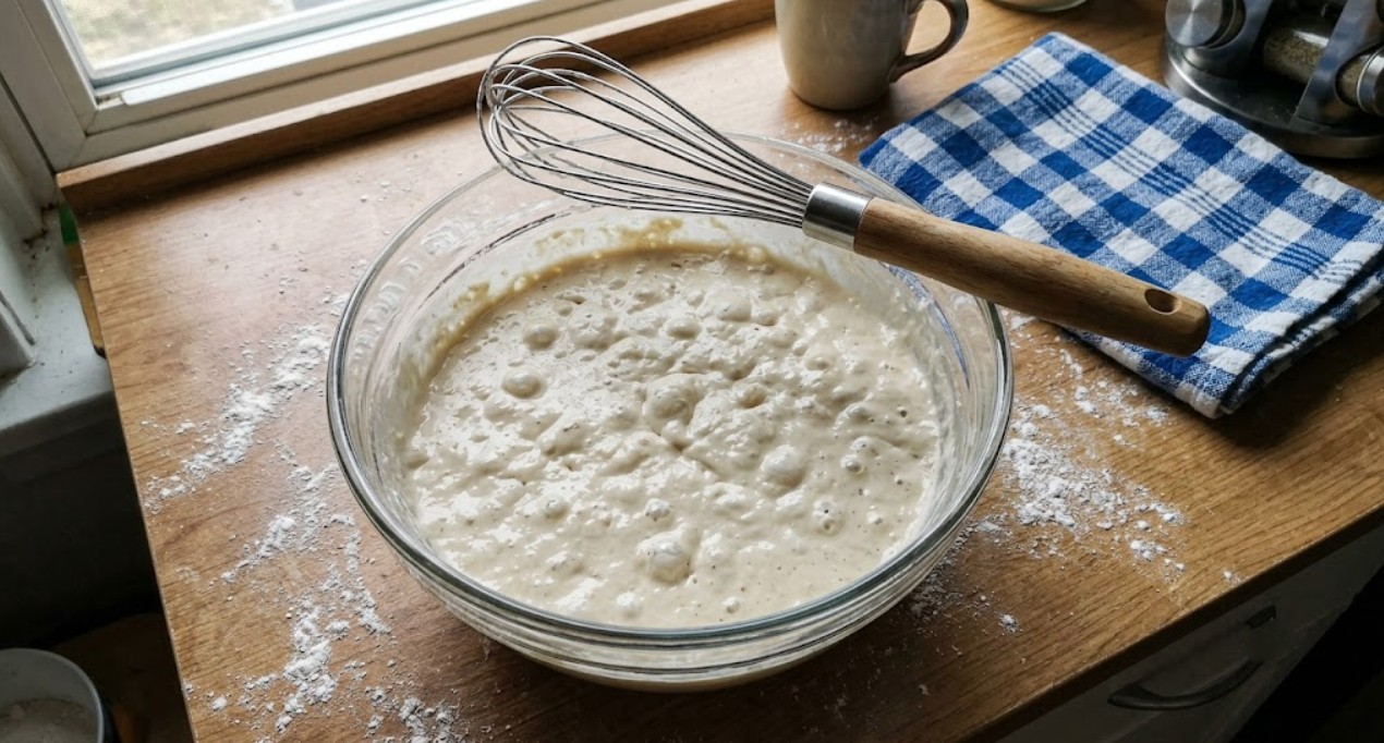 Bubbly yeasted beeshee batter after its overnight rise