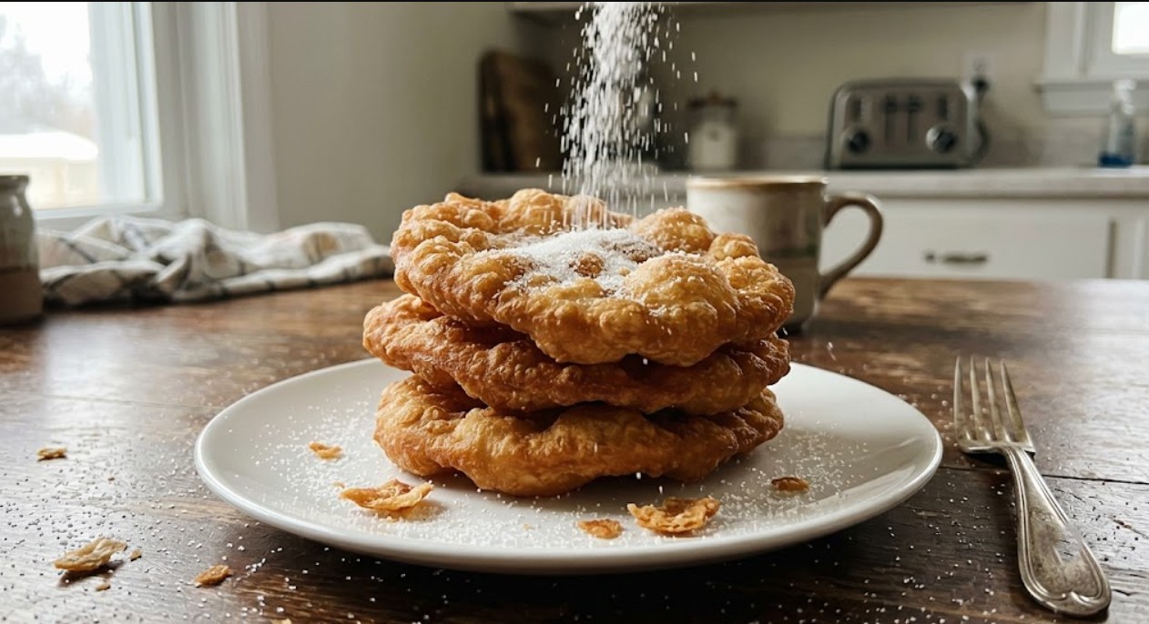 Stack of crispy beeshee with granulated sugar being sprinkled on top