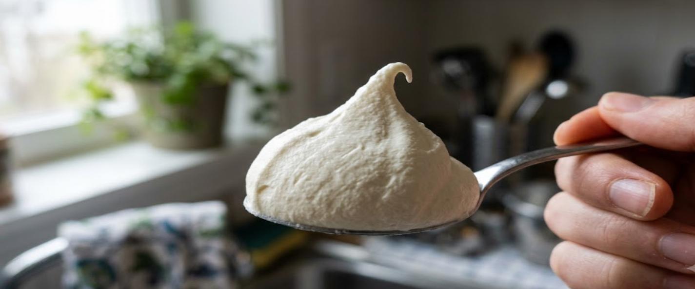 Close-up of dense, matte schlag holding its shape on a spoon