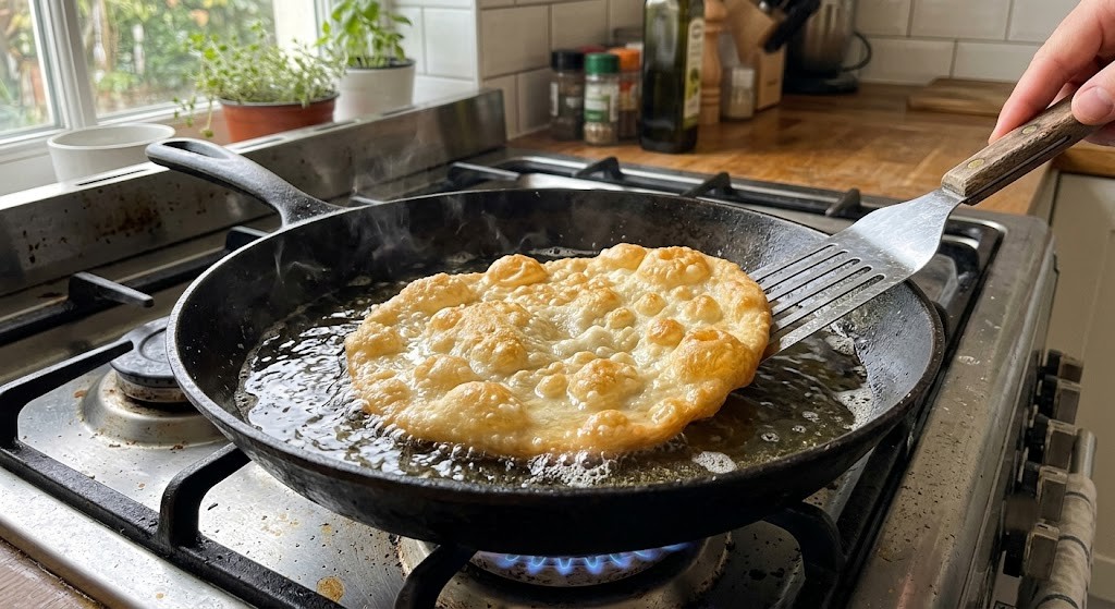 Beeshee frying and blistering in hot oil in a skillet