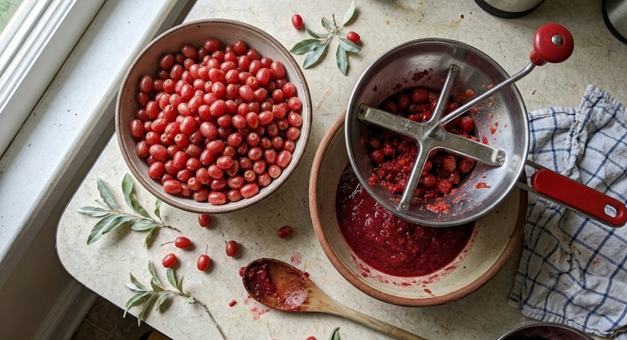 Fresh red goumi berries next to a food mill with seedless pulp