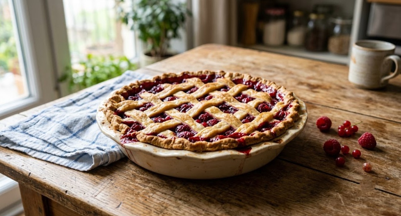Goumi berry pie with golden lattice crust and deep red filling