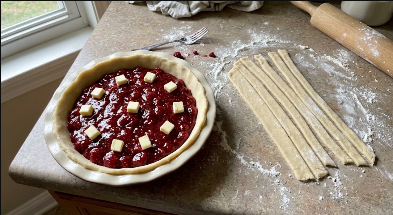 Ruby red goumi filling poured into an unbaked pie crust