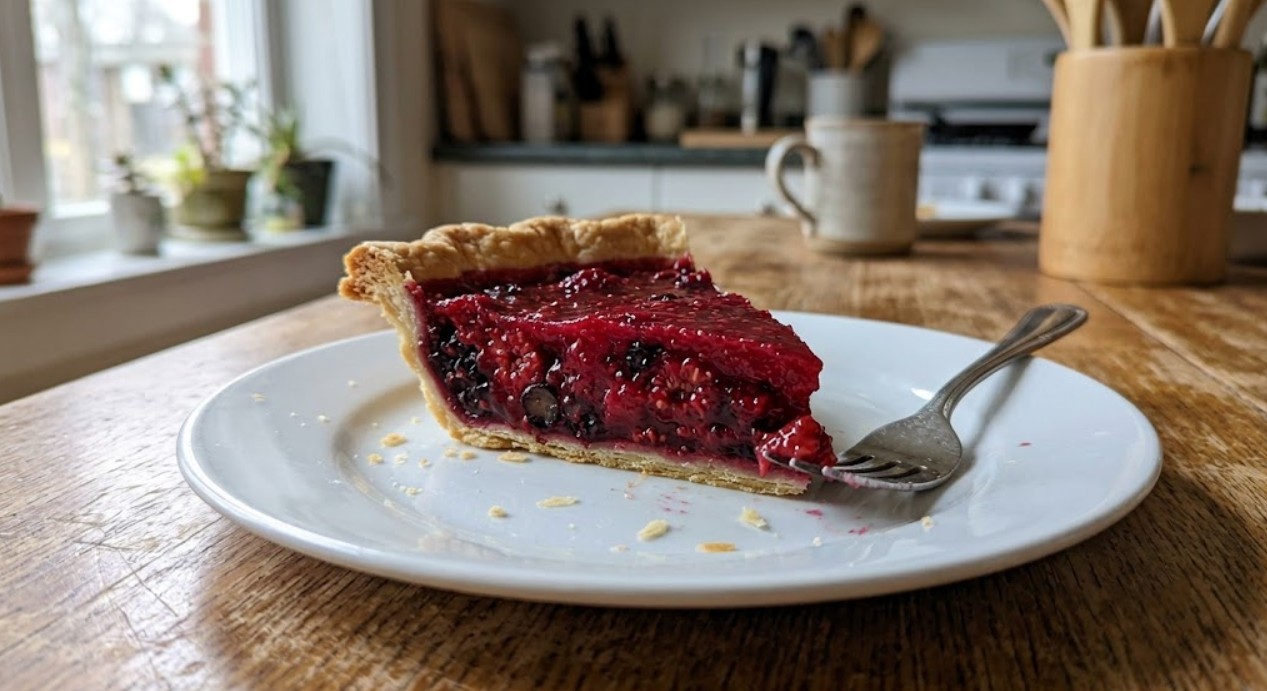 A clean slice of goumi pie showing the jelly-like set filling