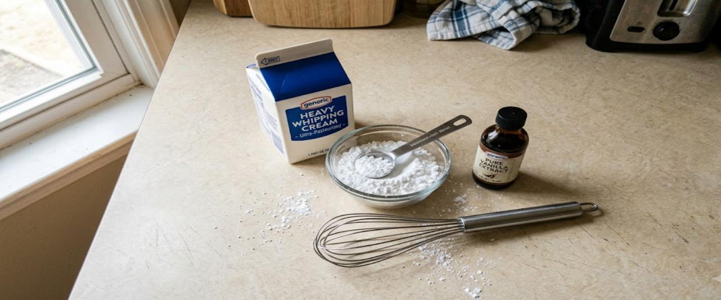 Heavy cream, powdered sugar and vanilla extract — the three ingredients for schlag