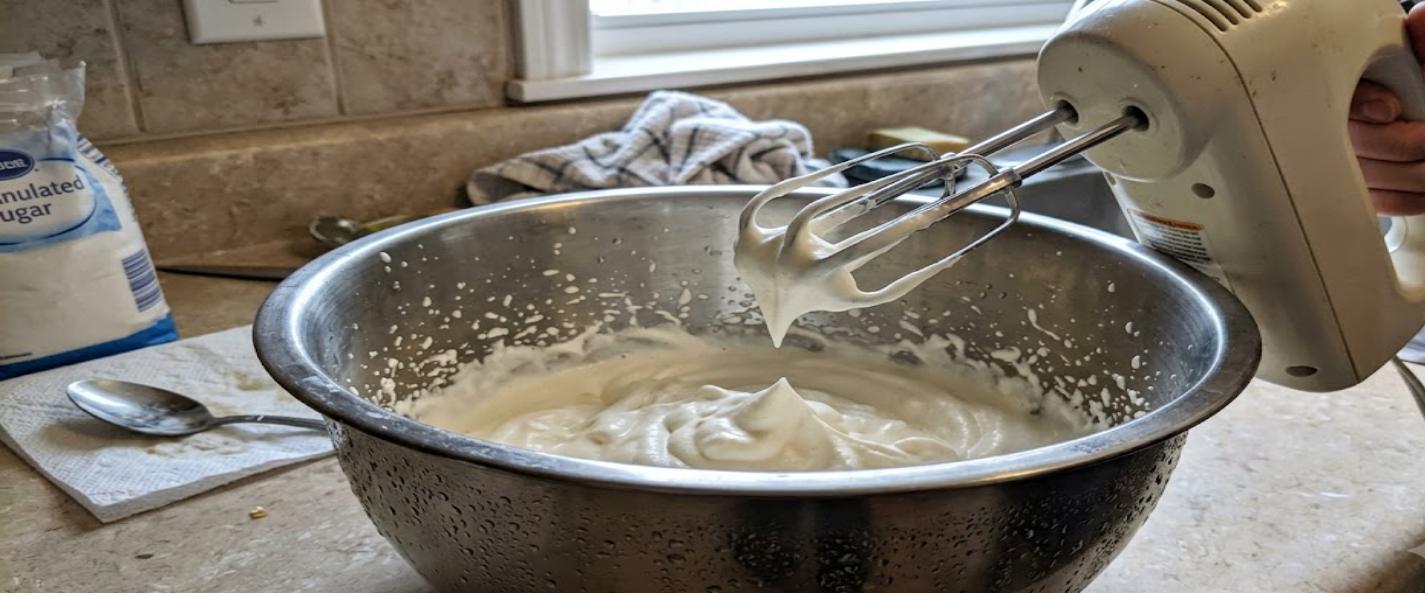 Cream whipped to soft peaks in a chilled metal bowl with a hand mixer