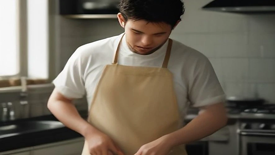 comparison of chef in apron with arms free and chef in coat near hot stove