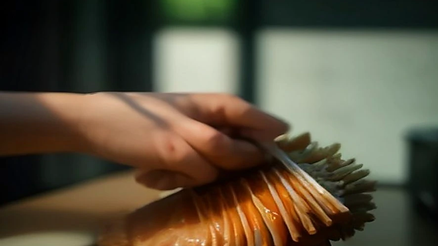 Cook applying sauce to pork shoulder with a mop brush over a smoker
