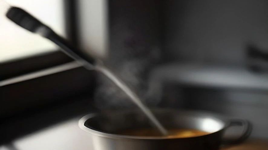Immersion blender shaft blending soup in a pot