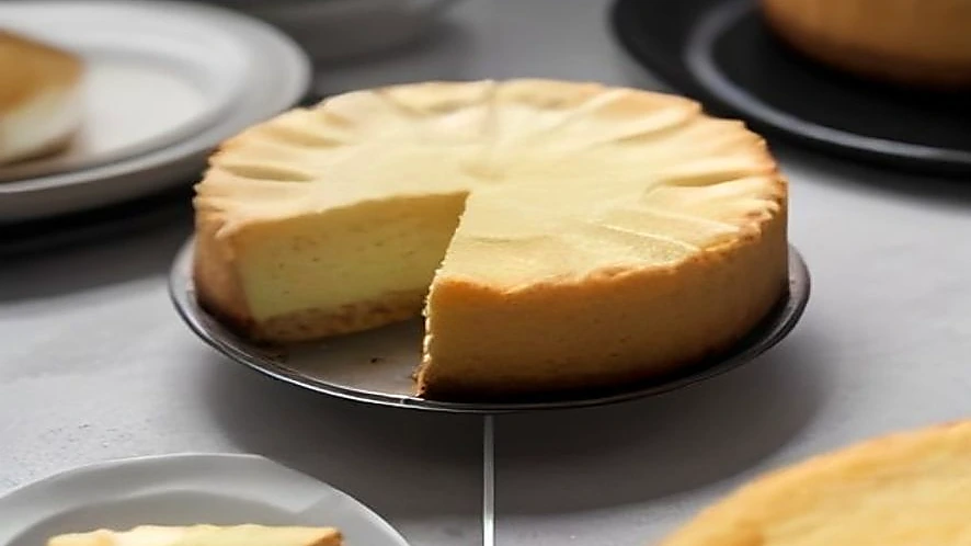 Baked cheesecake in springform pan next to layered cake in cake pan