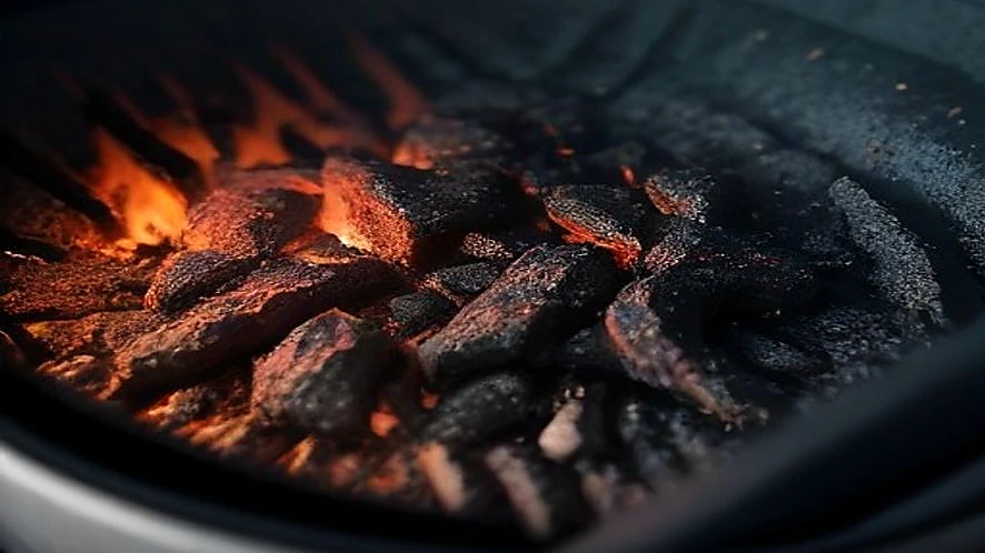 Close-up view of hot charcoal embers producing smoke in a charcoal grill