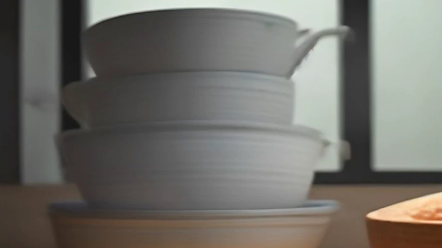 Stacked pots and pans illustrating varied materials and handle styles