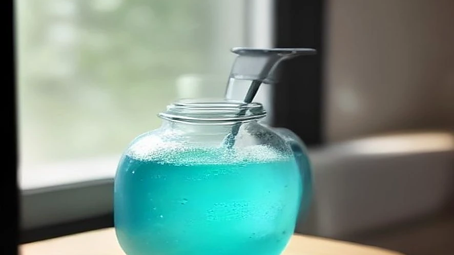 hand operating a liquid soap dispenser pump beside a soap caddy with kitchen sponge and soap bottle