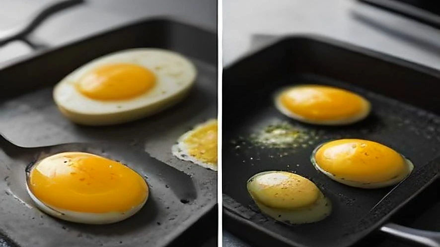 Top view comparison of egg pan and frying pan shapes on stovetop