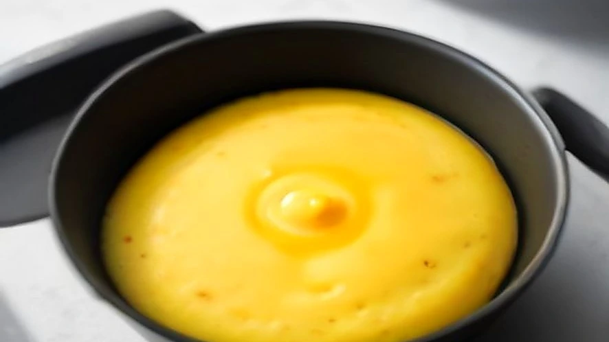 Omelette being slid out of a low-sided egg pan with a spatula
