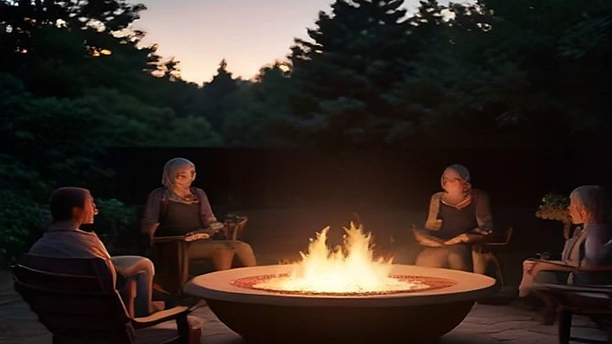 gathering around an open fire pit in backyard setting