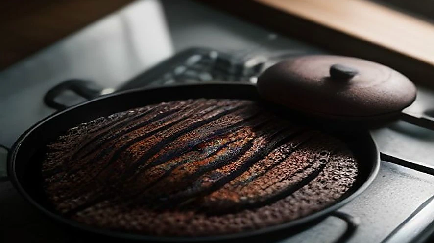 Cast iron grill pan showing ridged surface on gas stove burner