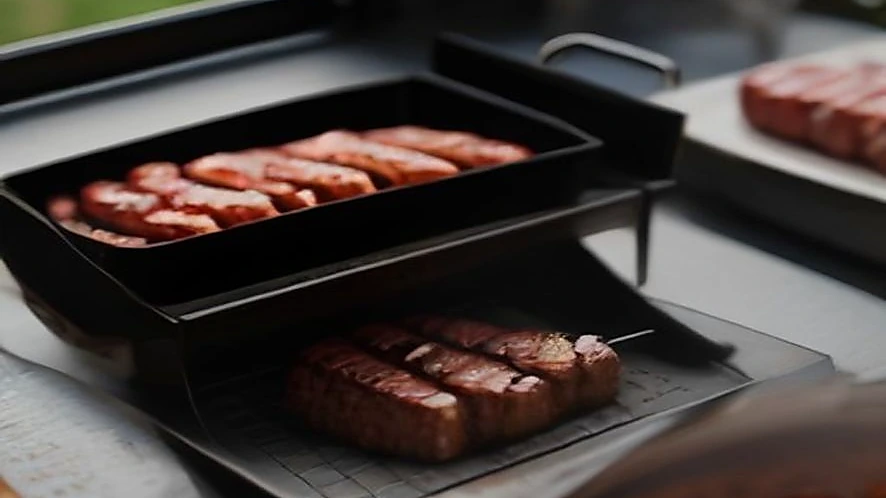 Grill thermometer monitoring a brisket and instant read thermometer checking steaks