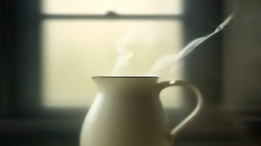 Steam wand frothing milk with steam bubbles and electric milk frother whisk agitating milk