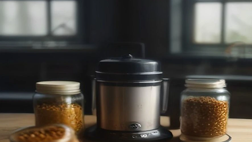 mixer grinder jars with spices and chutney next to a wet grinder bowl with batter
