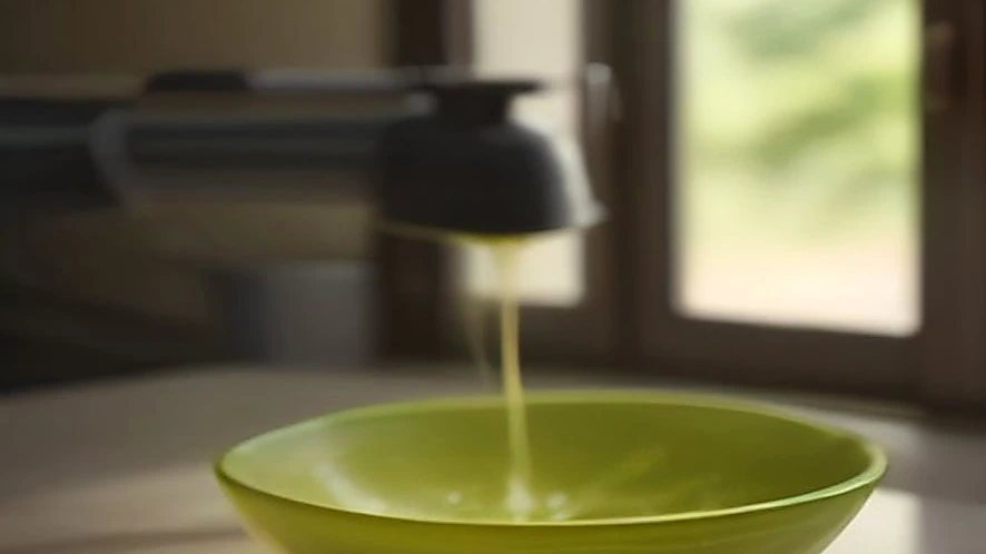 Olive oil pouring smoothly from dispenser over salad