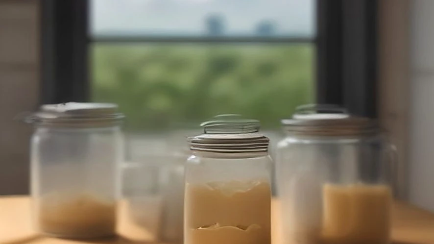 ceramic canisters and glass jars storing different pantry staples on a kitchen counter
