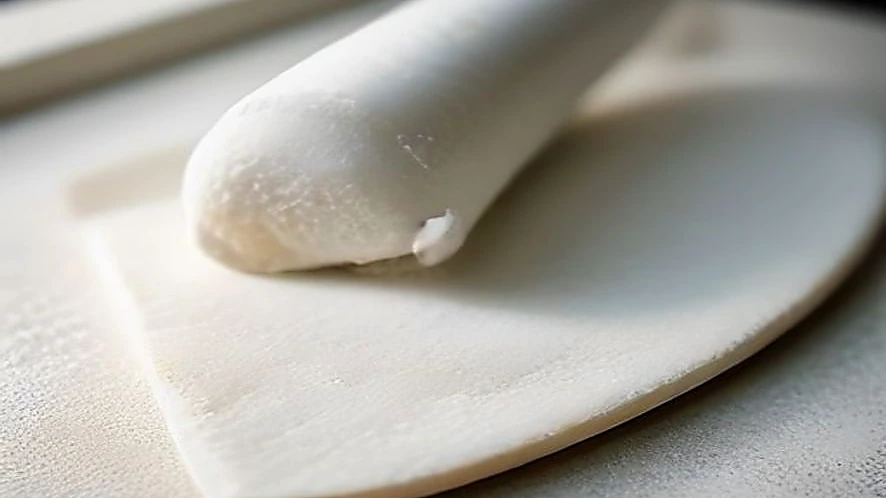 Cold dough being rolled on a marble pastry board dusted with flour