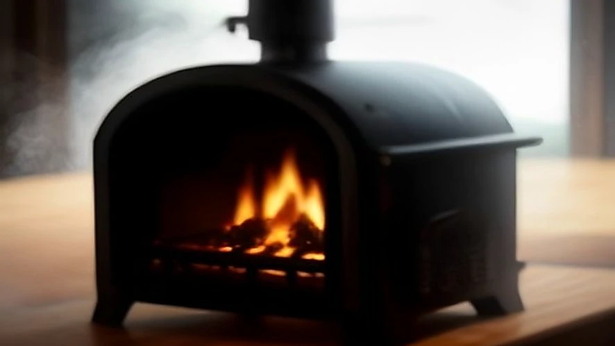 Offset smoker firebox with wood burning and smoke entering cooking chamber
