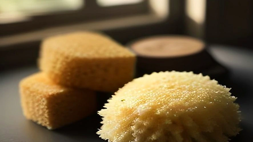 detail of scrub brush bristles next to sponge pores