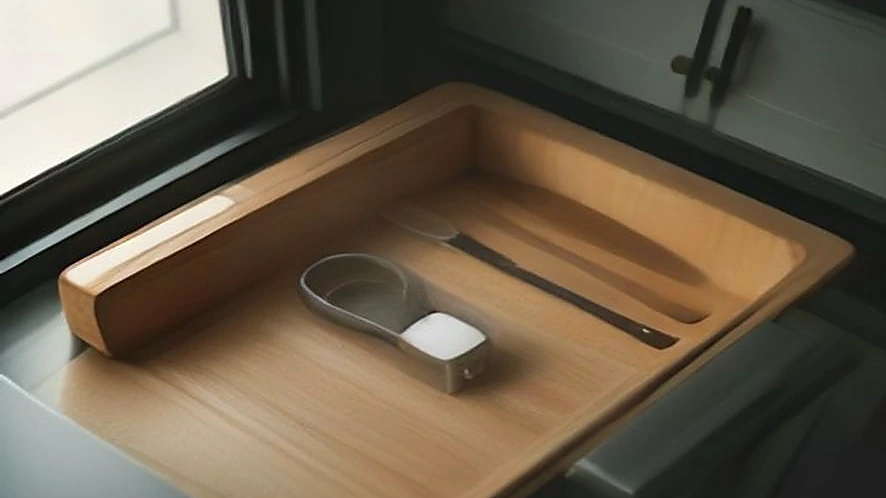 Drawer with drawer mat stabilising utensils and shelf with thin shelf liner under jars