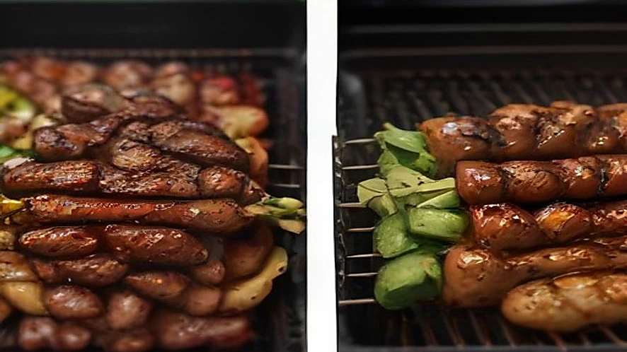 Hands flipping skewers and a grill basket on a gas grill