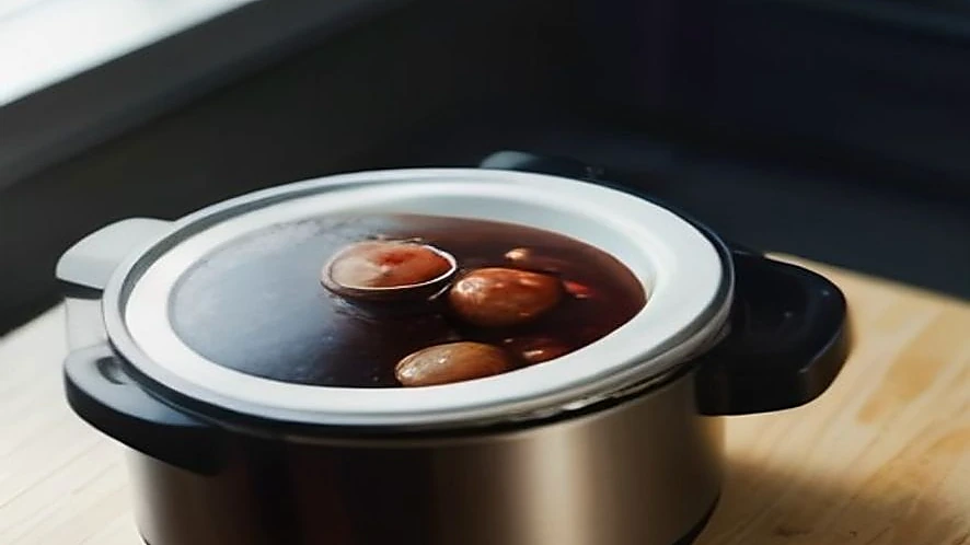 Slow cooker preparing a stew with lid partially lifted