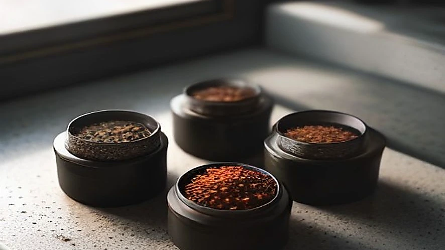 Manual spice grinder with dual plates next to whole spices on a kitchen counter