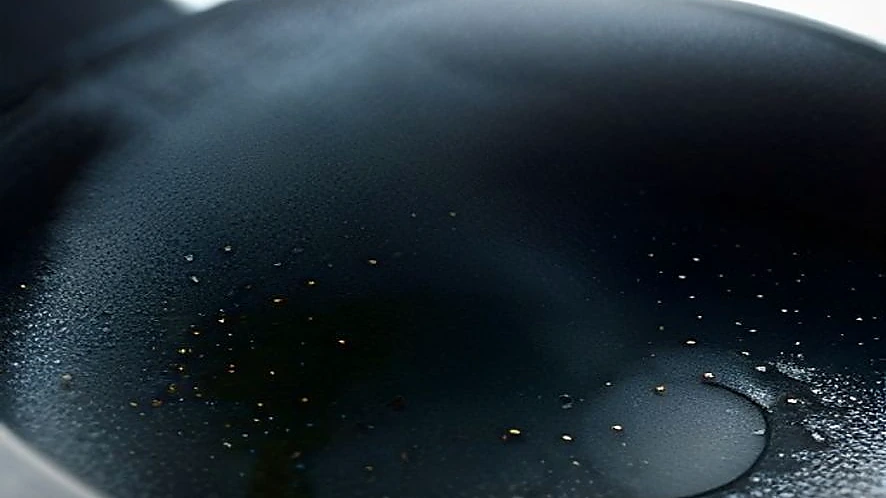 Silicone splatter screen on pan showing mesh structure allowing steam escape