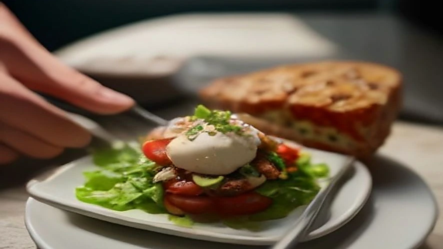 using tongs to handle grilled food and fork and spoon to serve salad